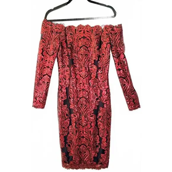 Tadashi Shoji Red Sequin Embroidered Cocktail Dress Size 6